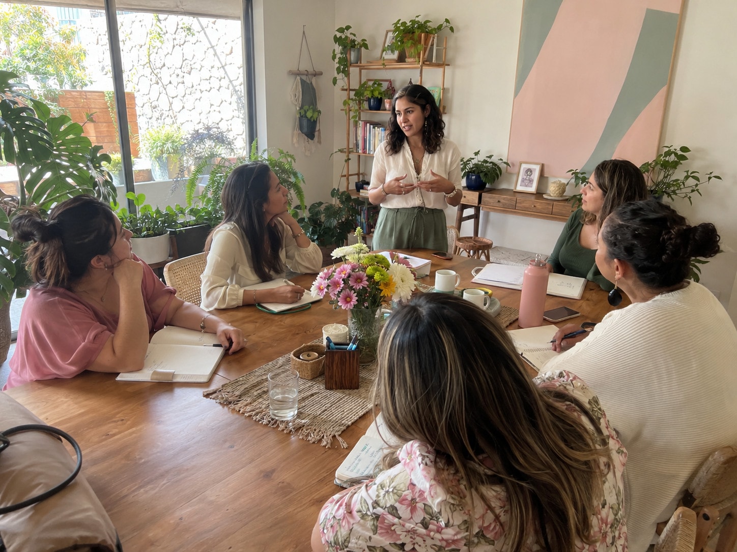 Mentora guiando una sesión con un grupo de mujeres alrededor de una mesa